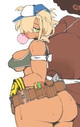 2girls afro ass blonde_hair bottomless bubble_gum dark-skinned_female dark_skin female gloves green_eyes hair_over_one_eye hat mctamagomaki multiple_girls skindentation tagme tool_belt