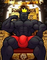 2024 abs absurd_res anthro anthro_only balls_outline big_bulge black_body black_fur black_nipples black_nose bulge chair clothing crown danny_smoke_in_furry_land detailed_bulge digital_media_(artwork) felid front_view fur furniture genital_outline headgear hi_res king_magnum looking_at_viewer male male_only mammal mcrugermasta muscular muscular_anthro muscular_male nipples pantherine pecs red_clothing red_underwear sitting solo throne underwear yellow_sclera