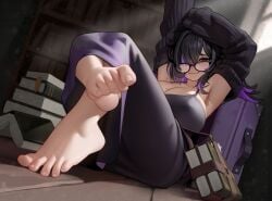 1girls barefoot black_hair book feet feet_focus female foot_focus glasses goddess_of_victory:_nikke kairuhentai kairunoburogu label_(nikke) light-skinned_female light_skin soles toes