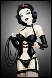 1girls 2d black_bra black_hair black_panties bra cartoongirls choker disney disney_princess dominatrix female garter_straps no_penetration panties snow_white_(disney) snow_white_and_the_seven_dwarfs solo solo_female tugging_whip whip