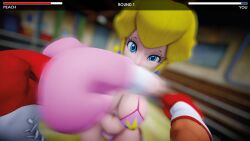 1female 1male 3d big_breasts big_hips bikini blonde_hair boxing boxing_gloves earrings female_focus fight fighting gameplay_mechanics light-skinned_female male_pov mario_(series) mixed_boxing mmd pink_bikini pink_boxing_gloves pov princess princess_peach red_boxing_gloves ryona strong_woman swimsuit ultimabox