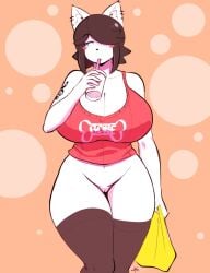 3rd_party_edit anthro bottomless bottomless_female breasts clothed ear_piercing edit female female_focus female_only furry huge_breasts leggings maggie_applebee pussy red_shirt shirt solo solo_female stockings tattoo theycallhimcake thick_thighs thighhighs topwear_only vagina vulva