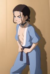 1girls ai_generated avatar_legends avatar_the_last_airbender blue_eyes blue_robe brown_hair cleavage deep_cleavage female flat_chest flat_chested hair_loopies katara necklace open_clothes plunging_neckline robe smirk smug water_tribe