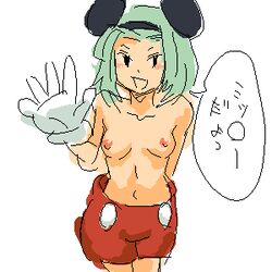 1girls animal_ear brave_fencer_musashi breasts buttons clothing cosplay disney female female_only green_hair lowres mickey_mouse mickey_mouse_(cosplay) mickey_mouse_shorts mouse_ears nanasyu nipples rough_sketch solo tagme topless topo waving white_background white_gloves