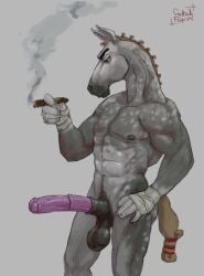 animal_genitalia anthro boxing_tape braided_hair cigar dappled_horse equid equine guttahpup hair hi_res horse knot male mammal smoking smoking_cigar solo