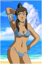 1girls aqua_eyes armpit armpits avatar_legends bikini blue_bikini brown-skinned_female brown_hair brown_skin cartoongirls dark-skinned_female dark_skin female korra long_hair solo straight_hair swimsuit the_avatar the_legend_of_korra tied_hair water_tribe