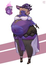 1girls big_ass big_belly big_breasts big_thighs black_gloves black_stockings blue_skin blueberry_inflation book brown_hair cleavage ferrousingot genshin_impact green_hair inflation lisa_(genshin_impact) long_hair navel purple_clothing ripped_clothing solo_female spellbook witch_hat