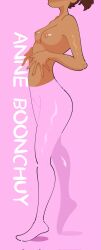 1girls 2024 amphibia amphibia_(finale) anne_boonchuy breasts dark-skinned_female dark_skin disney leggings no_bra pink_background pink_leggings sanlietjobs solo text topless topless_female