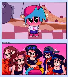 1boy 5girls auburn_hair big_breasts blush boyfriend_(friday_night_funkin) cleavage clothed clothing female friday_night_funkin heart-shaped_pupils imminent_cheating imminent_netorare imminent_ntr imminent_orgy imminent_sex in_love kpop kpop_girl kpop_star large_breasts le_sserafim long_hair looking_at_partner painted_hair part_1 real_person smile smiley_face tweedleevil