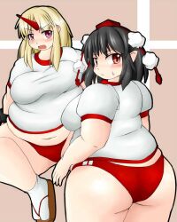 bbw belly_overhang big_belly big_butt big_female black_hair blonde_hair blush butt chubby chubby_female embarrassed fat fat_ass fat_female fat_fetish fat_girl fat_woman fatty horn hoshiguma_yuugi huge_butt large_butt large_female looking_back obese obese_female overweight overweight_female plump pork_chop shameimaru_aya sweatdrop thick_thighs touhou tubby weight_gain