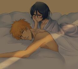 1boy 1girls black_hair bleach female ichigo_kurosaki in_bed kuchiki_rukia male orange_hair romantic short_hair sleeping under_blanket