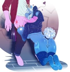 2016 absurd_res anthro anthrofied ass avante92 balls blue_skin clothed clothing duo dusk_shine_(mlp) equine erection faceless_male female friendship_is_magic hair half-closed_eyes heart hi_res hooves horn hybrid_penis imminent_fellatio imminent_oral legwear male mammal my_little_pony purple_skin pussy rule_63 straight thigh_highs trixie_(mlp) twilight_sparkle_(mlp) unicorn