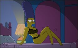 1girls 20th_century_fox 20th_century_studios bed belly_button black_bra black_panties blue_hair bra cartoongirls crossed_legs hair_blue half-closed_eyes leg_cross marge_simpson milf navel panties the_simpsons thick_thighs underwear yellow_body yellow_skin