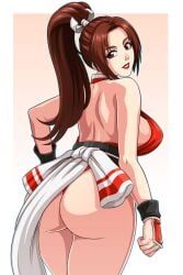 arm_guards artist_name ass back bare_shoulders breasts brown_eyes brown_hair character_name commentary copyright_name english_commentary fatal_fury female from_behind grin high_ponytail king_of_fighters looking_back mai_shiranui ninja obi parted_bangs patreon_username pelvic_curtain photoshop_(medium) ponytail revealing_clothes rope sano-br sash sideboob smile solo thighs watermark web_address
