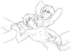 2boys abs balls flaccid foreskin gay gundam heero_yui human male male/male male_only monochrome multiple_boys multiple_males penis schizoid setsuna_f_seiei toned toned_male uncircumcised yaoi