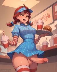 1futa 1girls ai_generated ai_text balls big_penis blue_dress braided_pigtails braided_twintails brown_eyes dickgirl dress erection fast_food food freckles futa_only futanari going_commando hairbow hamburger happy light-skinned_futanari light_skin milkshake open_mouth penis penis_under_clothes pigtails pinstripe_dress precum precum_drip puffyart red_and_white_stockings red_and_white_stripes red_hair restaurant serving_food serving_tray short_dress smile solo solo_futa striped_armwear striped_legwear striped_thighhighs thick_thighs thighhighs tight_clothing twintails uniform visor waitress wendy's wendy_thomas