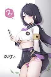 ? absurdres black_hair black_skirt black_survival body_writing bow braid breasts cellphone condom condom_belt crop_top eternal_return:_black_survival female highres holding holding_phone hyejin_(black_survival) kisa_(leg3043) korean_text large_breasts long_sleeves low_twintails panties phone pleated_skirt purple_bow purple_eyes skirt smartphone solo spoken_question_mark tally translation_request twintails underboob underwear used_condom