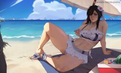 1girls beach big_breasts bikini final_fantasy final_fantasy_vii final_fantasy_vii_rebirth final_fantasy_vii_remake large_breasts looking_at_viewer presenting presenting_breasts pulling_down_underwear sand sisqueira swimsuit tifa_lockhart water wide_hips wide_thighs