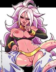 1girls android_21 areolae big_breasts black_sclera blush breasts dragon_ball dragon_ball_fighterz dragon_ball_super female majin_android_21 nekitoototo nipples pink_skin pussy red_eyes seductive solo solo_female tongue tongue_out torn_clothes torn_clothing white_hair