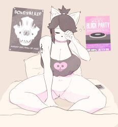 3rd_party_edit anthro bed big_breasts black_hair blush_sticker bottomless bottomless_female breasts canine cellphone drooling ear_piercing edit english_text female female_focus female_only fur furry genitals hair hi_res maggie_applebee mammal phone piercing pillow poster pussy saliva solo solo_female tattoo text theycallhimcake thick_thighs tired topwear_only vagina vulva white_fur wide_hips