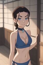 1girls ai_generated avatar_legends avatar_the_last_airbender belly_button bikini bikini_top blue_bikini blue_eyes braid brown_hair cleavage female hair_loopies halterneck katara necklace smirk water_tribe