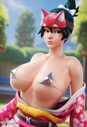 ai_generated areola areola_bulge areola_slip big_breasts cute female galszip green_hair huge_breasts human kimono kiriko_(overwatch) kiriko_kamori micro_bikini orange_eyes overwatch overwatch_2 pale_skin swimsuit swimwear