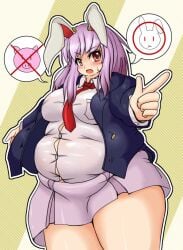 bbw belly_overhang big_belly big_female blush bunny_ears chubby chubby_female embarrassed fat fat_female fat_fetish fat_girl fat_shaming fat_woman fatty in_denial large_female obese obese_female overweight overweight_female pink_hair plump pork_chop reisen_udongein_inaba sweatdrop teasing thick_thighs touhou tubby weight_gain