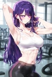 ai_generated curvy female gym gym_uniform half-closed_eyes highres hoshino_ai light_smile nai_diffusion narrow_waist naughty_face notice notice_lines oshi_no_ko photoshop_(medium) pov purple_eyes purple_hair seductive_smile skindentation smile solo stable_diffusion standing steam steaming_body sweat sweatdrop third-party_edit workout_clothes