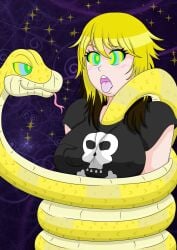 1girls ahe_gao big_breasts black_shirt blonde_hair bondage bound breast_grab breasts brown_hair groping hypnosis hypnosis hypnotic_eyes kobi-tfs kobi94 large_breasts mind_control molestation original original_character skull skull_shirt snake snake_tail snake_tongue tongue_out wrapped_up