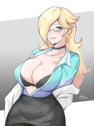 ajcrowned big_breasts blonde_hair blue_eyes breasts choker female female_only hair_over_one_eye large_breasts mario_(series) nintendo office_lady princess_rosalina short_skirt solo super_mario_galaxy tagme tucked_shirt unbuttoned_shirt