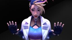 1girls 3d 3d_(artwork) akali blender blender_(software) blender_cycles blonde_hair blue_hair clothing erevos eyebrow_slit female_only gloves hands_up image_set k/da_all_out_akali k/da_all_out_series k/da_series league_of_legends looking_away solo_female surprised textless_version two_tone_hair