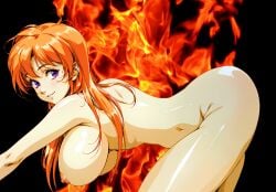 1girls ai_generated ass big_breasts breasts doggy_style fire flames long_hair maria_(milkywayarts) milkywayarts nipples nude nude_female orange_hair original pixai purple_eyes smiling