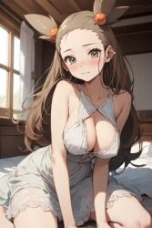 ai_generated breasts cowgirl_position horny_female jasmine_(pokemon) jasmineolivine looking_at_viewer white_nightgown