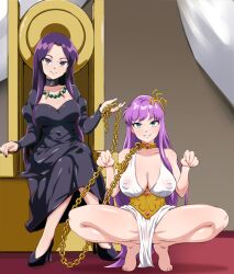 2girls athena_(saint_seiya) bare_arms bare_legs bare_shoulders barefoot black_dress black_footwear black_nails blush breasts chain_leash chains choker cleavage closed_mouth collar covered_erect_nipples crossed_legs green_eyes grin indoors jewelry large_breasts leash long_hair long_sleeves looking_at_viewer masochism naughty_face necklace pandora_(saint_seiya) paw_pose pet_play purple_eyes purple_hair saint_seiya saori_kido silberspoon sitting slave smile spread_legs squatting teeth tiptoes toenails very_long_hair wet wet_clothes white_dress wide_spread_legs