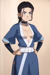 1girls ai_generated alternate_skin_color avatar_legends avatar_the_last_airbender blue_eyes blue_robe braid brown_hair cleavage deep_cleavage female hair_loopies hands_on_hips katara necklace plunging_neckline robe smirk smug water_tribe