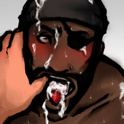 2d brown_eye cum cum_dripping cum_in_mouth cum_inside cum_on_face cum_on_shoulder dark-skinned_male dark_skin demoman demoman_(team_fortress_2) eva eye_patch facial_hair gay human human_male human_only male male_only mouth_hold mouth_open team_fortress_2 thumb_in_mouth tongue_out watch_cap yaoi