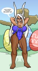 background barefoot bunny_ears bunny_girl bunny_tail bunnysuit dark-skinned_female dark_skin easter english flexing long_hair looking_at_viewer massive_breasts max1mus miruko muscular_female my_hero_academia pantyhose skintight smirking strong_woman talking_to_viewer text text_bubble thick_thighs tights toned_female white_hair