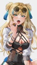 anzu0130 big_breasts blonde_hair blue_eyes clothed fellatio_gesture honkai_impact_3rd large_breasts looking_at_viewer pretending saliva solo solo_female solo_focus songque_(honkai_impact_3rd) tagme tongue_out