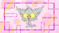 16:9 abstract abstract_background anthro domestic_cat fangs felid feline felis fenrik_(artist) fur genitals grey_body grey_fur grey_stripes hi_res looking_at_viewer lynx male mammal nipples penis purple_eyes smile solo standing stripes teeth widescreen yellow_eyes