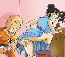 2boys 2d anus chichi chichi_(beginning_of_z) dragon_ball dragon_ball_z female full_color human krillin kuririn male netorare no_penetration son_goku straight