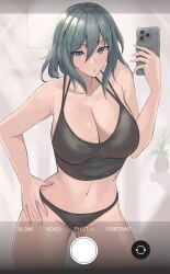 1girls black_panties blue_eyes breasts byleth_(fire_emblem) byleth_(fire_emblem)_(female) calmgreentori cleavage english_text female female_only fire_emblem fire_emblem:_three_houses hair_between_eyes hand_on_hip large_breasts light-skinned_female light_skin mirror nintendo panties phone selfie solo teal_hair text underwear