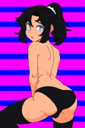 1boy ass black_hair black_panties black_thighhighs blue_eyes crossdressing eyes femboy girly hair_tied human male_focus medium_hair open_mouth original original_character otoko_no_ko panties ponytail shy simple_background solo thighhighs tomoe_(pixiv) trap viewed_from_behind