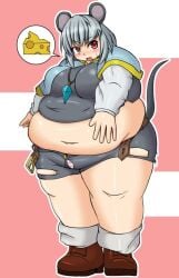 bbw belly_overhang big_belly big_female blush cheese chubby chubby_female embarrassed fat fat_female fat_fetish fat_girl fat_woman fatty large_female mouse_ears nazrin obese obese_female overweight overweight_female plump pork_chop ripped_clothing sweatdrop thick_thighs touhou tubby weight_gain