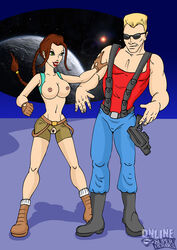 crossover duke_nukem duke_nukem_(series) female footwear handwear human lara_croft lara_croft_(classic) male online_superheroes straight tomb_raider