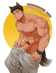 1boy balls bara boner bulge bulge_through_clothing clothing erection male male_focus male_nipples male_only male_pubic_hair muscular_male nipples penis penis_outline solo solo_male sweatpants ten_g89 tenji_(ten_g89)