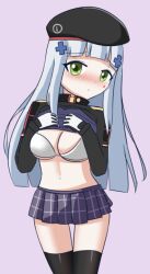 black_stockings blue_hair blush bra breasts clothes_lift female girls'_frontline green_eyes half-dressed hk416_(girls'_frontline) long_hair looking_at_viewer medium_breasts otakuradish skirt white_bra