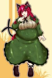 bbw belly_overhang big_belly big_female blush cat_ears chubby chubby_female embarrassed fat fat_female fat_fetish fat_girl fat_woman fatty large_female obese obese_female overweight overweight_female plump pork_chop rin_kaenbyou thick_thighs touhou tubby twintails weight_gain