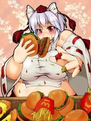 bbw belly_overhang big_belly big_female blush burger chubby chubby_female eating eating_out embarrassed fat fat_female fat_fetish fat_girl fat_woman fatty fries large_female momiji_inubashiri obese obese_female overweight overweight_female plump pork_chop slob sweat sweatdrop thick_thighs touhou tubby weight_gain wolf_ears wolf_tengu