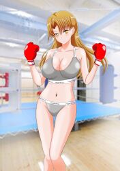 1girls big_breasts blonde_hair boxing boxing_gloves boxing_ring breasts busty cleavage female female_only highres large_breasts legs long_hair looking_at_viewer midriff navel original original_character panties parted_lips pink_lips red_boxing_gloves red_gloves smile solo sports_bra thighs underwear yellow_eyes yellow_iris