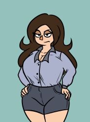 annoyed_expression brown_hair buttoned_shirt fully_clothed hands_on_hips large_ass large_breasts looking_at_viewer max1mus meme naomi_(max1mus) original_character shorts thick_thighs